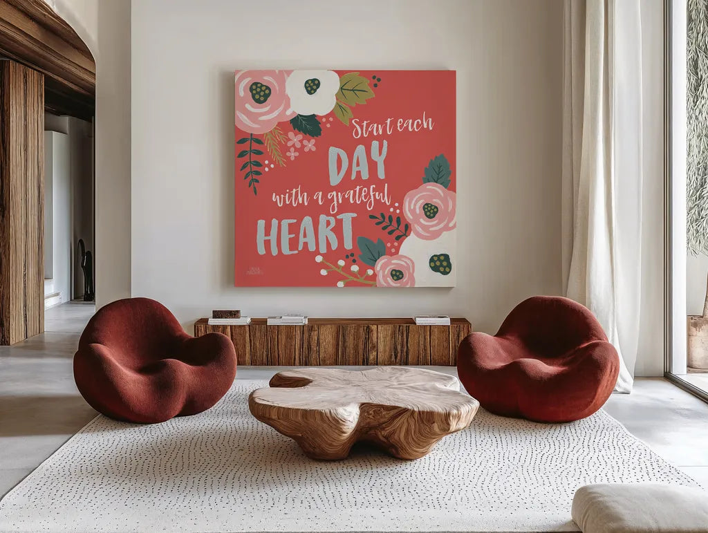 Wildflower Daydreams VII Grateful Heart by Laura Marshall. Shown as extra-large giant wall art in a modern living room. Available as an archival giclee rolled canvas, fine art paper, or poster print. SKU 35171a.