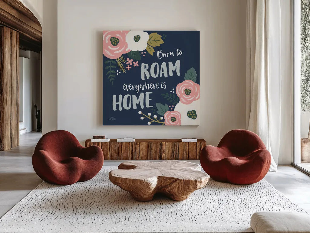 Wildflower Daydreams VII Navy by Laura Marshall. Shown as extra-large giant wall art in a modern living room. Available as an archival giclee rolled canvas, fine art paper, or poster print. SKU 35999a.