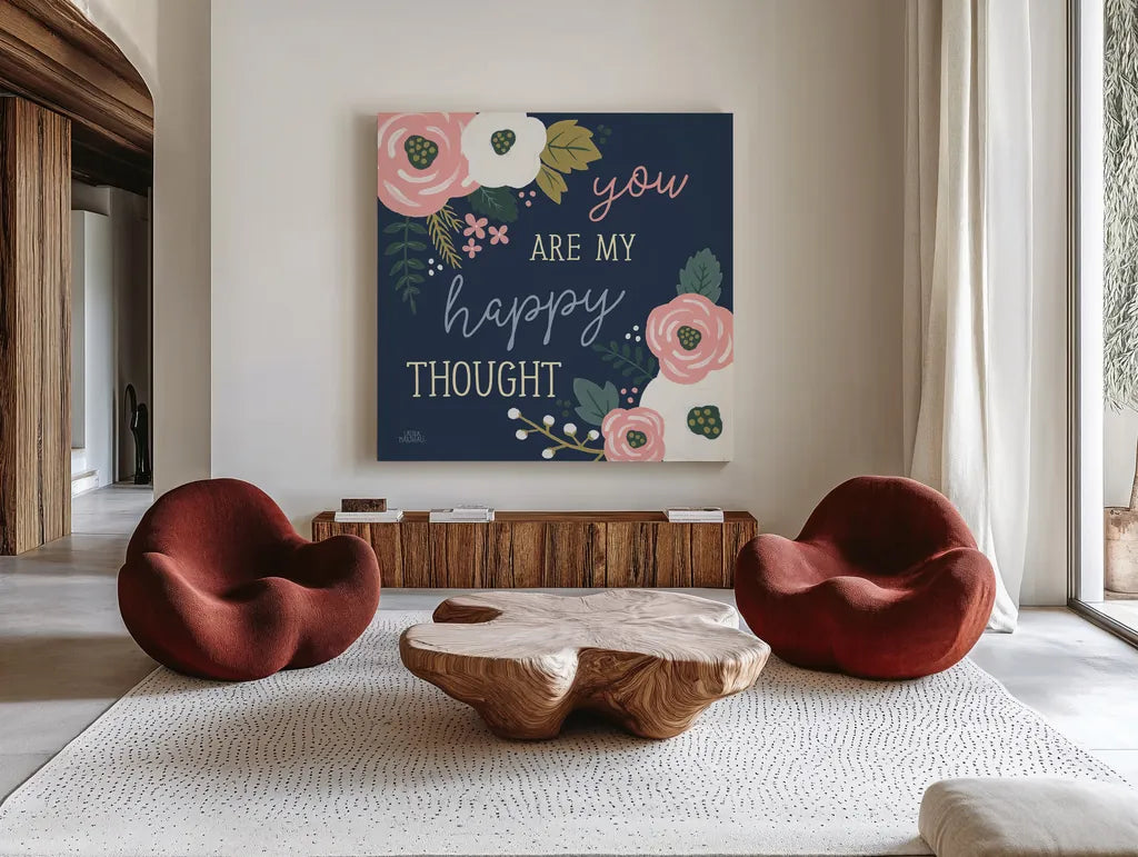 Wildflower Daydreams VII Navy Happy by Laura Marshall. Shown as extra-large giant wall art in a modern living room. Available as an archival giclee rolled canvas, fine art paper, or poster print. SKU 36382a.