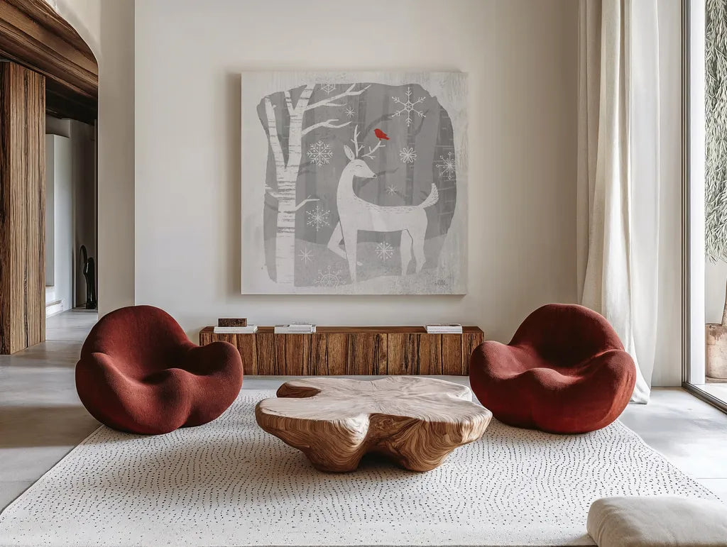 Woodland Creature I by Laura Marshall. Shown as extra-large giant wall art in a modern living room. Available as an archival giclee rolled canvas, fine art paper, or poster print. SKU 57217a.
