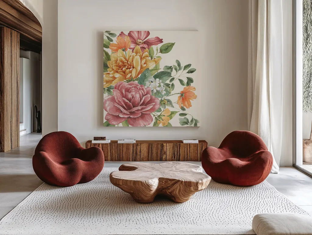 Amber Blossoms I by Leslie Trimbach. Shown as extra-large giant wall art in a modern living room. Available as an archival giclee rolled canvas, fine art paper, or poster print. SKU 99300a.