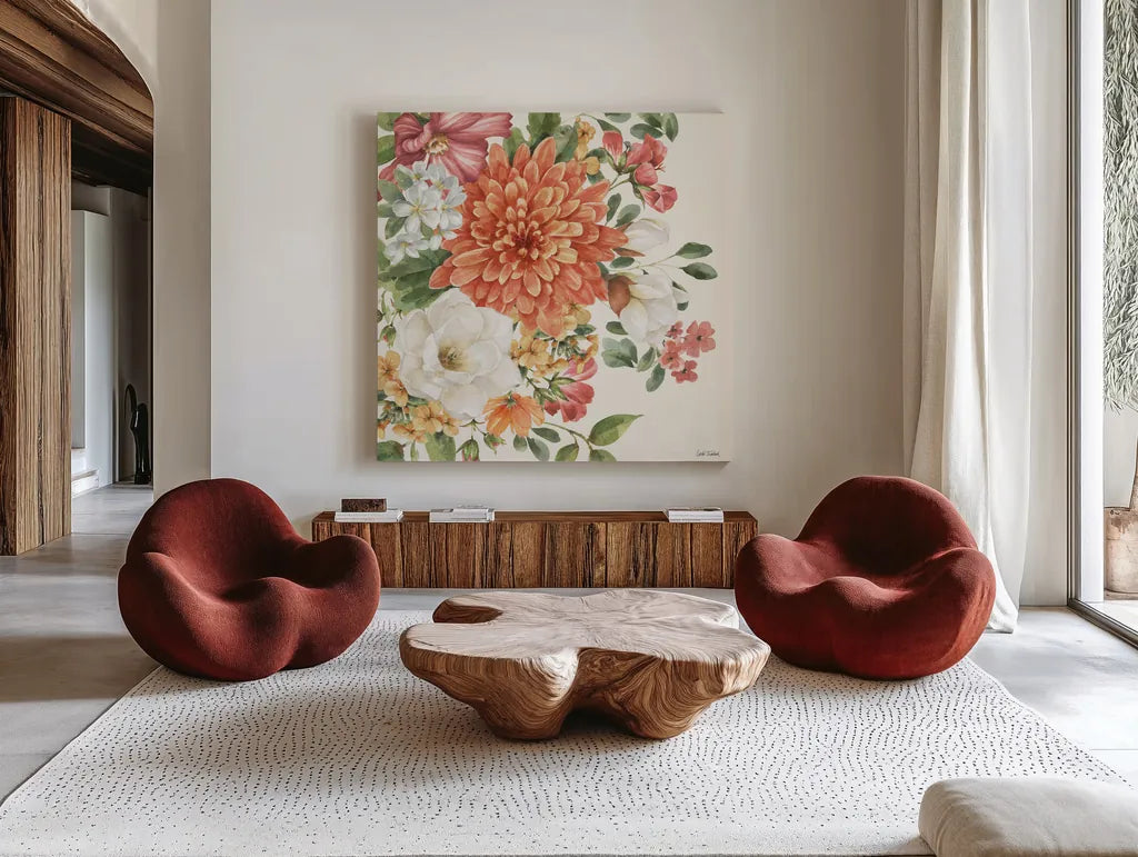 Amber Blossoms III by Leslie Trimbach. Shown as extra-large giant wall art in a modern living room. Available as an archival giclee rolled canvas, fine art paper, or poster print. SKU 99302a.