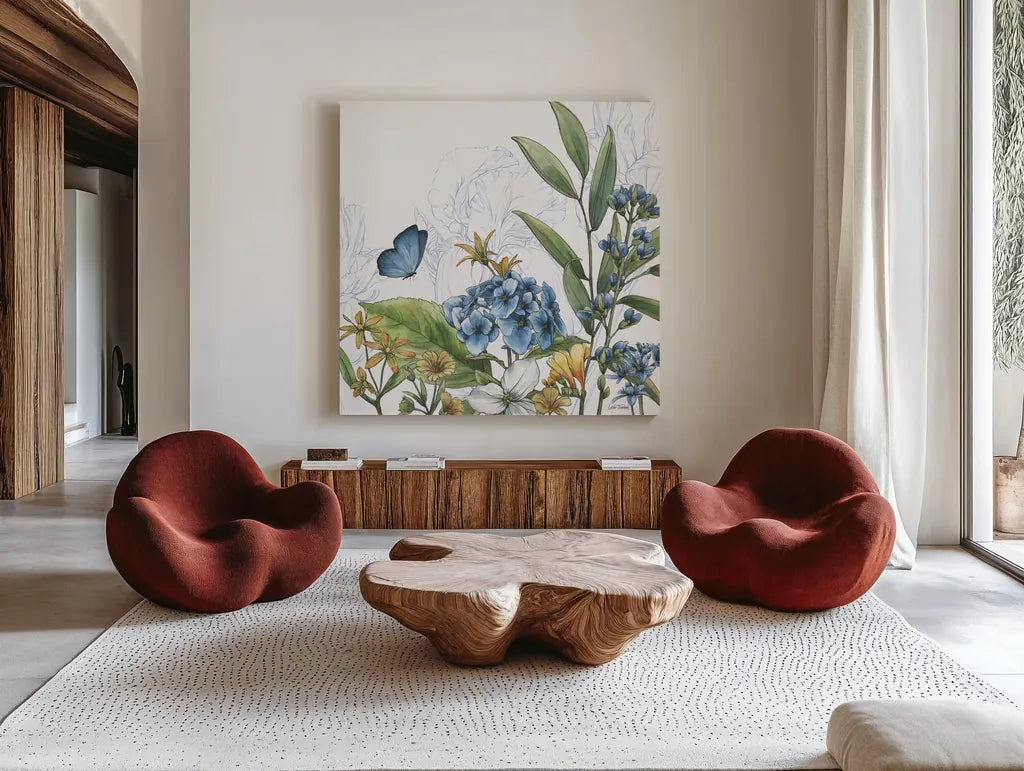 Blue Botanica III by Leslie Trimbach. Shown as extra-large giant wall art in a modern living room. Available as an archival giclee rolled canvas, fine art paper, or poster print. SKU 100416a.