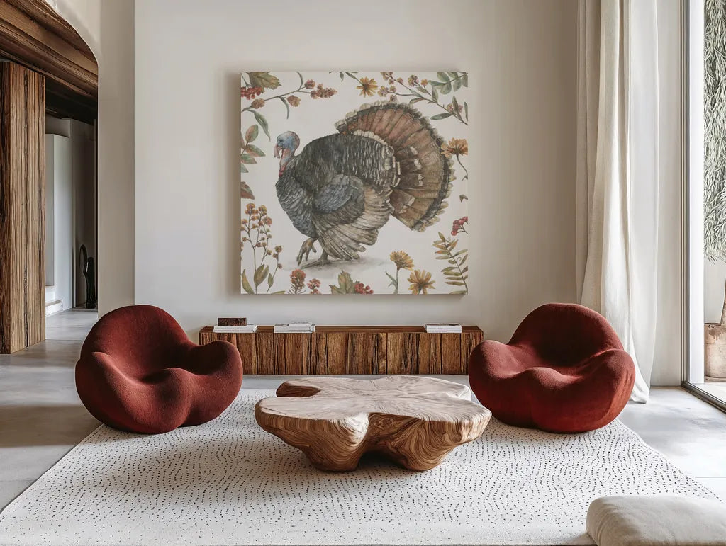 Bountiful Harvest I by Leslie Trimbach. Shown as extra-large giant wall art in a modern living room. Available as an archival giclee rolled canvas, fine art paper, or poster print. SKU 91336a.