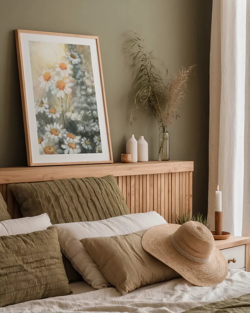 Daisy Dreams by Leslie Trimbach. shown as a paper print in a natural frame. Available as a archival giclee rolled canvas, fine art paper, or poster print. SKU 92798h.