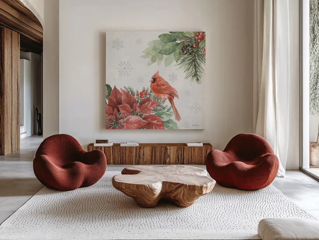 Feathered Festivities III by Leslie Trimbach. Shown as extra-large giant wall art in a modern living room. Available as an archival giclee rolled canvas, fine art paper, or poster print. SKU 89076a.