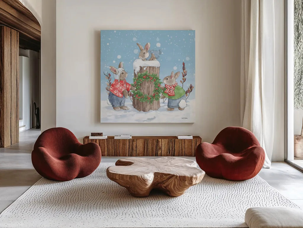 Festive Friends II by Leslie Trimbach. Shown as extra-large giant wall art in a modern living room. Available as an archival giclee rolled canvas, fine art paper, or poster print. SKU 86980a.