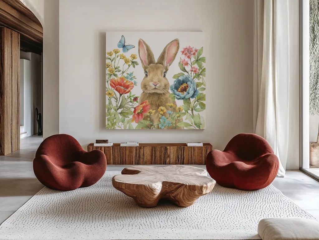 Garden Bunnies II by Leslie Trimbach. Shown as extra-large giant wall art in a modern living room. Available as an archival giclee rolled canvas, fine art paper, or poster print. SKU 83602a.