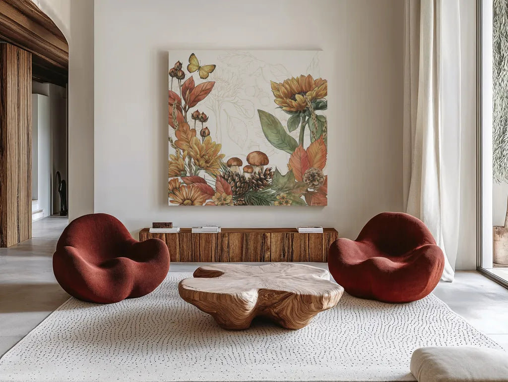 Harvest Home III by Leslie Trimbach. Shown as extra-large giant wall art in a modern living room. Available as an archival giclee rolled canvas, fine art paper, or poster print. SKU 101357a.