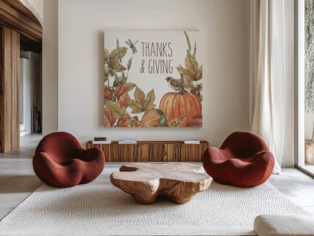 Harvest Home V by Leslie Trimbach. Shown as extra-large giant wall art in a modern living room. Available as an archival giclee rolled canvas, fine art paper, or poster print. SKU 101359a.