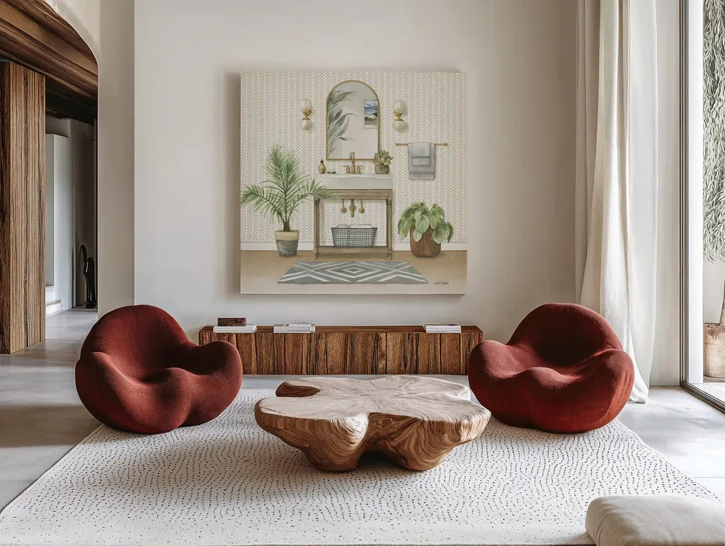 Serene Bath I by Leslie Trimbach. Shown as extra-large giant wall art in a modern living room. Available as an archival giclee rolled canvas, fine art paper, or poster print. SKU 84089a.
