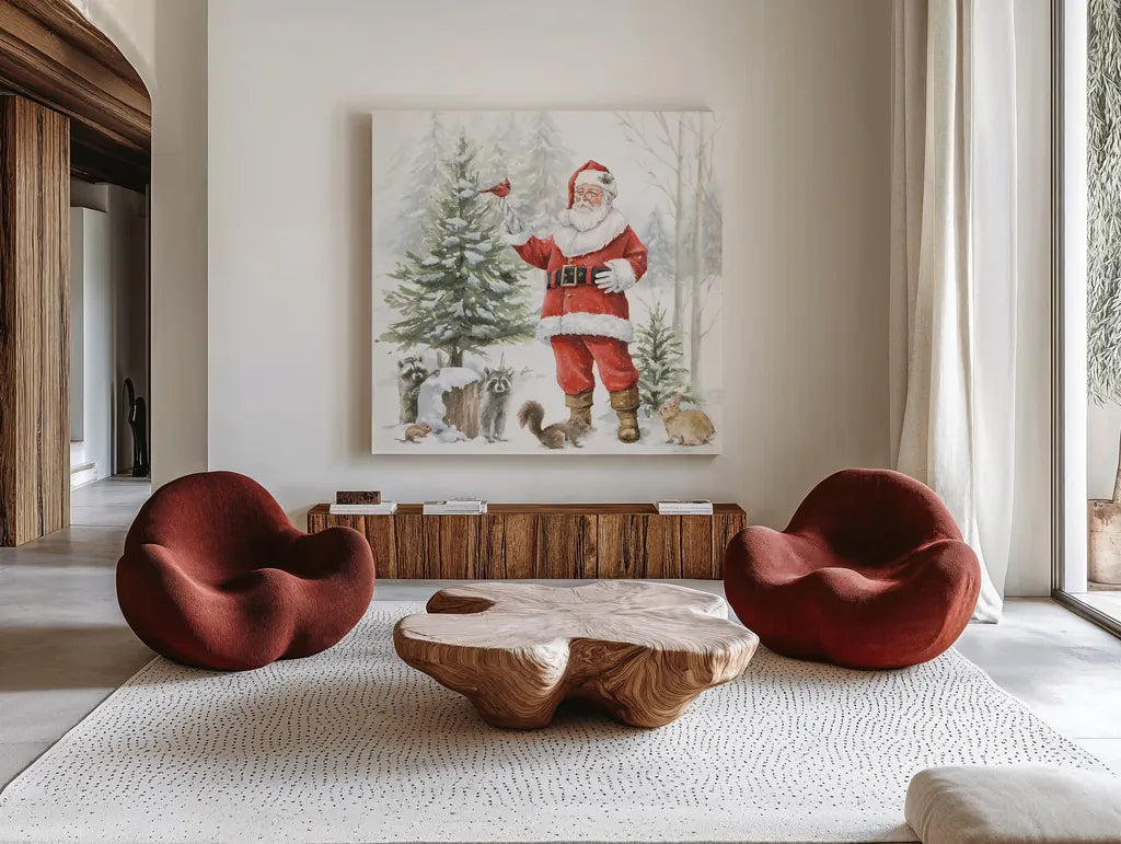 Woodland Santa III by Leslie Trimbach. Shown as extra-large giant wall art in a modern living room. Available as an archival giclee rolled canvas, fine art paper, or poster print. SKU 92380a.