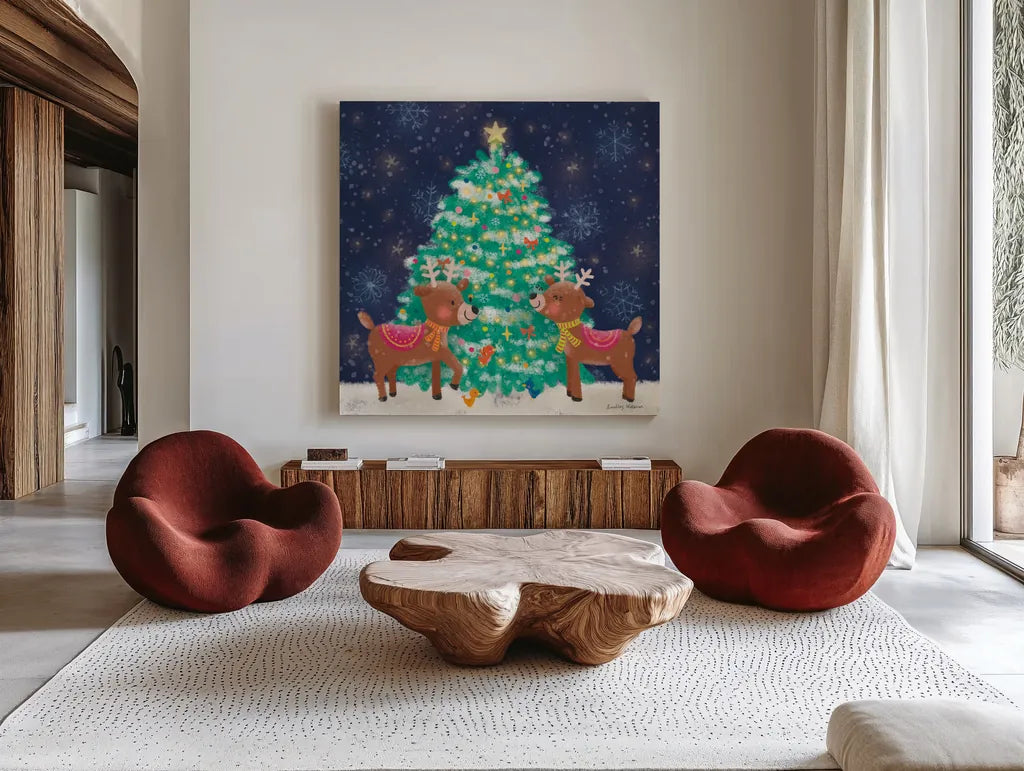 Christmas Reindeer by Lindley Wiesner. Shown as extra-large giant wall art in a modern living room. Available as an archival giclee rolled canvas, fine art paper, or poster print. SKU 95977a.