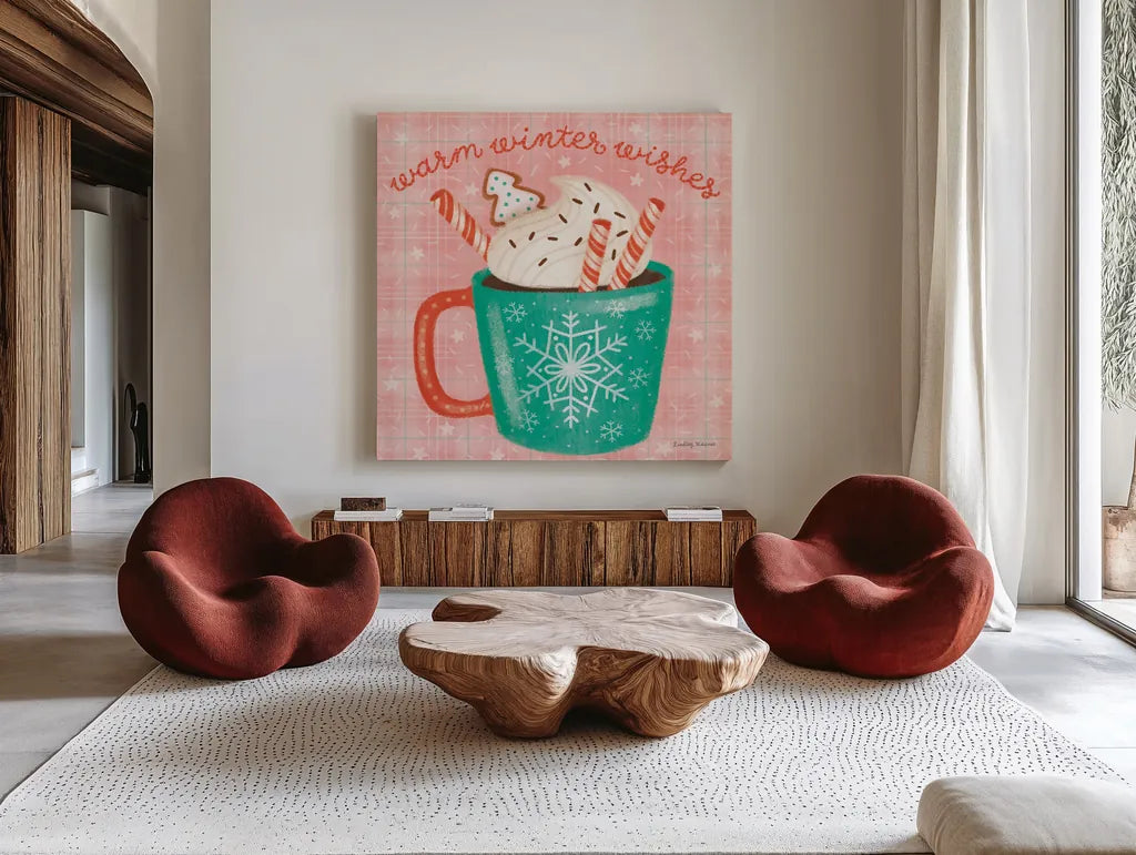 Christmas Treats II by Lindley Wiesner. Shown as extra-large giant wall art in a modern living room. Available as an archival giclee rolled canvas, fine art paper, or poster print. SKU 95840a.