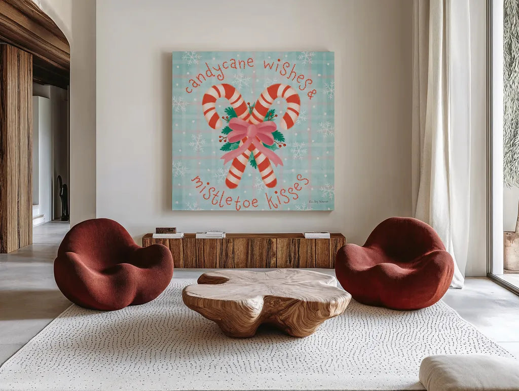 Christmas Treats III by Lindley Wiesner. Shown as extra-large giant wall art in a modern living room. Available as an archival giclee rolled canvas, fine art paper, or poster print. SKU 95841a.