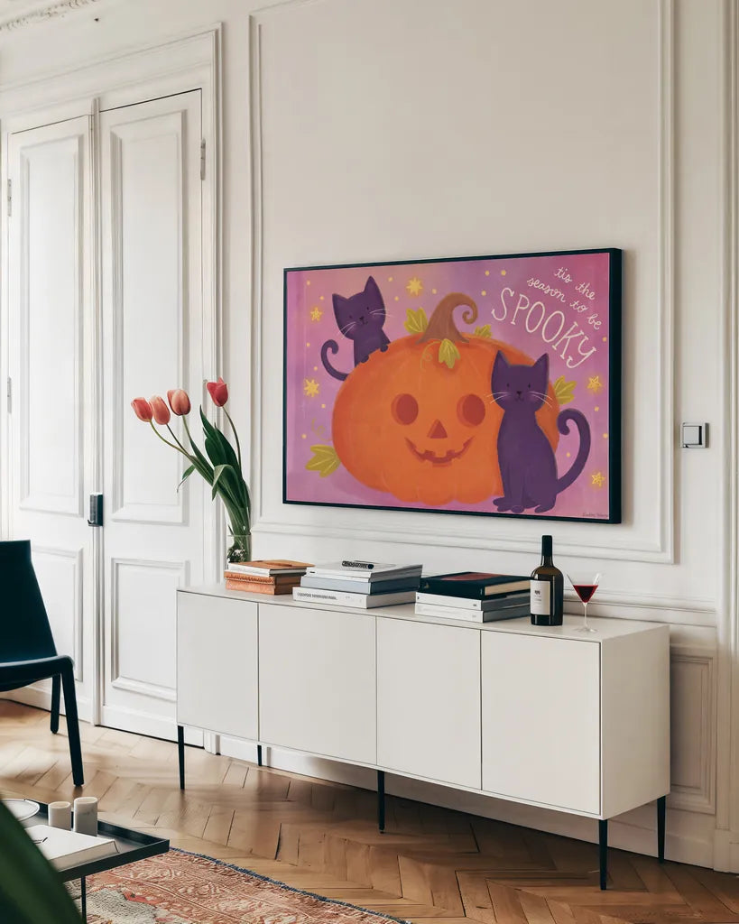 Spooky Pals II by Lindley Wiesner. shown as a framed stretched canvas in a living room above a console. Available as a archival giclee rolled canvas, fine art paper, or poster print. SKU 99469i.