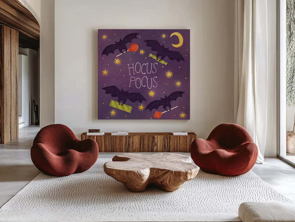 Spooky Pals V by Lindley Wiesner. Shown as extra-large giant wall art in a modern living room. Available as an archival giclee rolled canvas, fine art paper, or poster print. SKU 99472a.