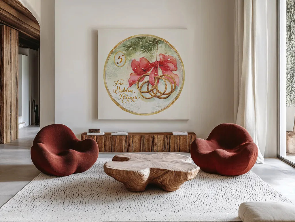 12 Days of Christmas V Round by Lisa Audit. Shown as extra-large giant wall art in a modern living room. Available as an archival giclee rolled canvas, fine art paper, or poster print. SKU 32432a.