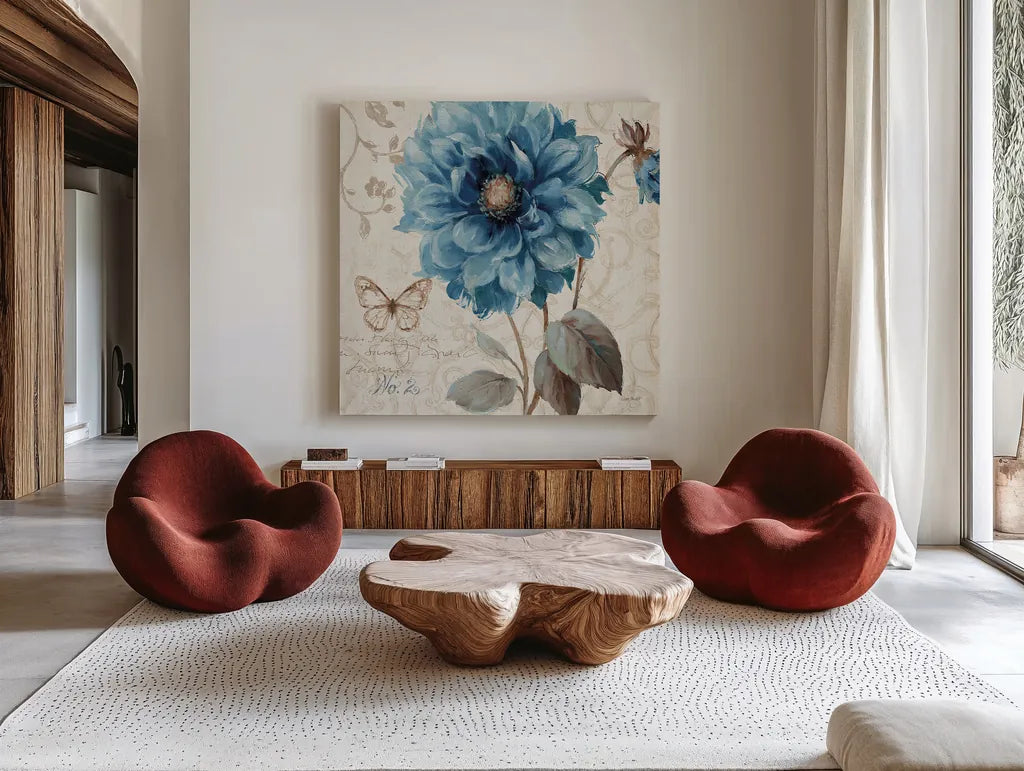 A Blue Note II by Lisa Audit. Shown as extra-large giant wall art in a modern living room. Available as an archival giclee rolled canvas, fine art paper, or poster print. SKU 14800a.