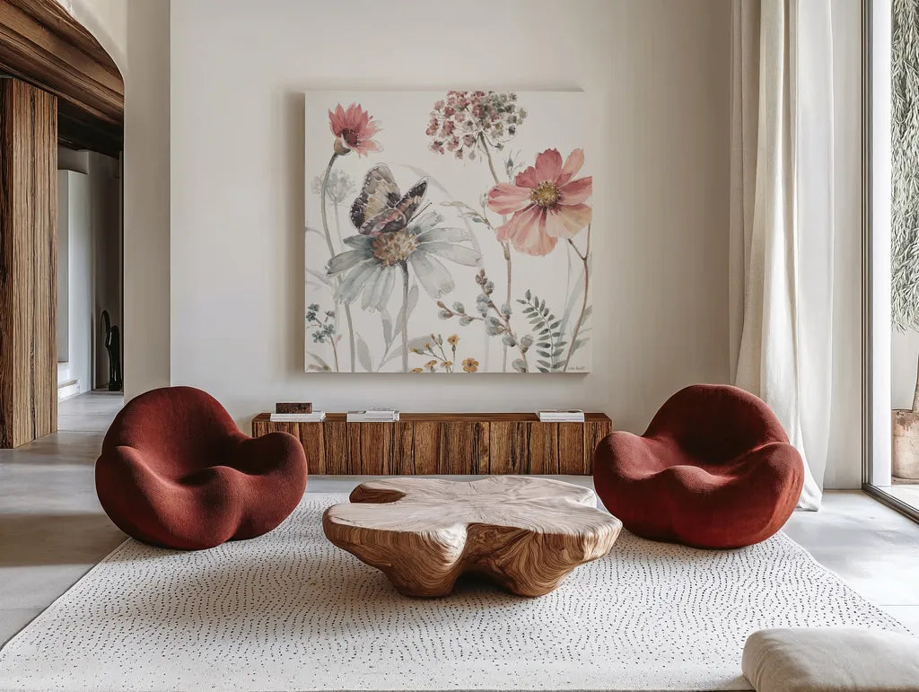 A Country Weekend II by Lisa Audit. Shown as extra-large giant wall art in a modern living room. Available as an archival giclee rolled canvas, fine art paper, or poster print. SKU 32679a.