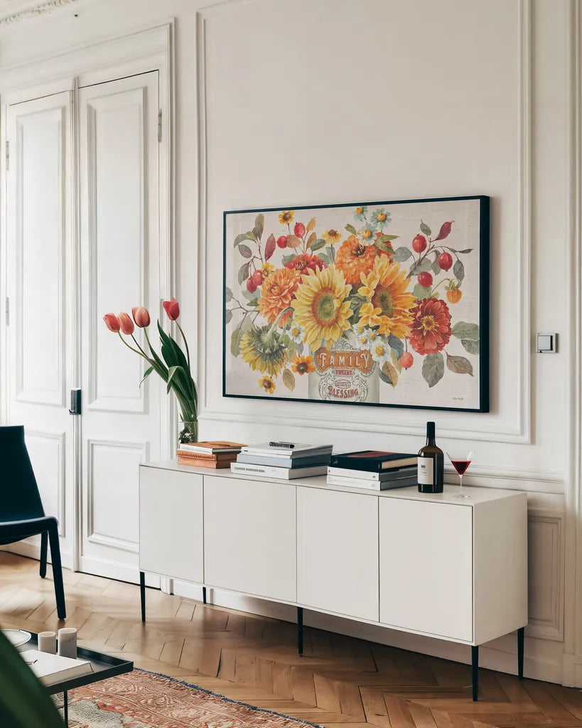 Autumn in Bloom I by Lisa Audit. shown as a framed stretched canvas in a living room above a console. Available as a archival giclee rolled canvas, fine art paper, or poster print. SKU 45250i.
