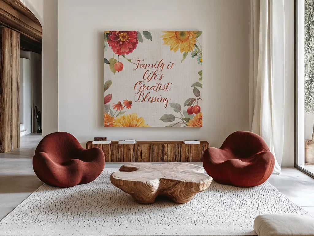 Autumn in Bloom IV by Lisa Audit. Shown as extra-large giant wall art in a modern living room. Available as an archival giclee rolled canvas, fine art paper, or poster print. SKU 45253a.