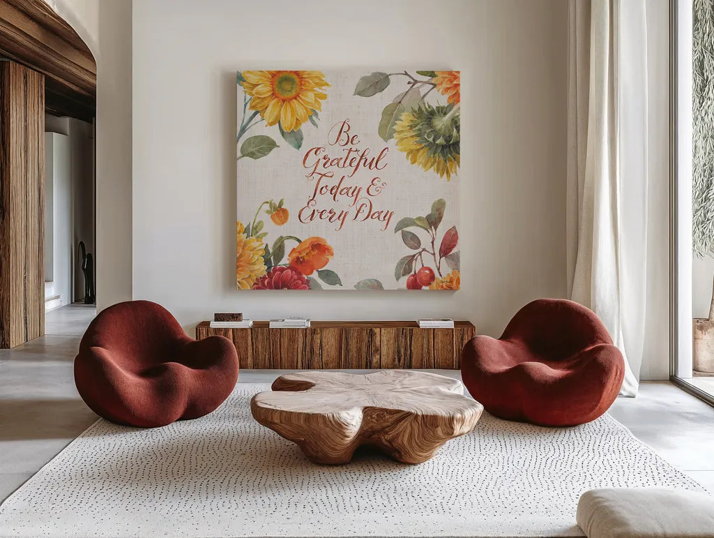 Autumn in Bloom V by Lisa Audit. Shown as extra-large giant wall art in a modern living room. Available as an archival giclee rolled canvas, fine art paper, or poster print. SKU 45254a.