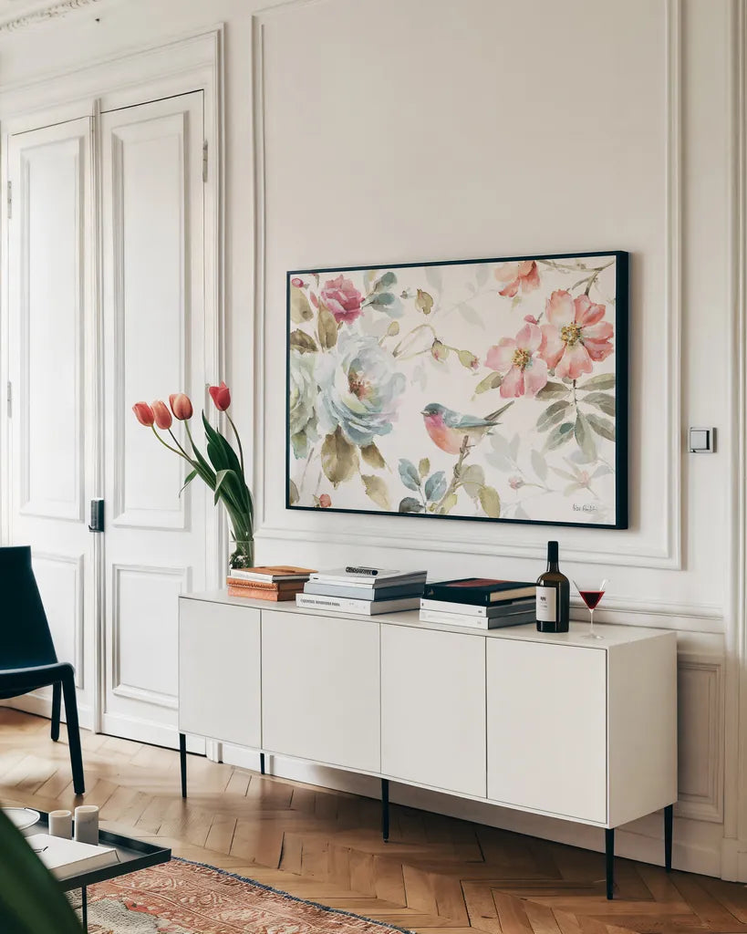 Beautiful Romance IV by Lisa Audit. shown as a framed stretched canvas in a living room above a console. Available as a archival giclee rolled canvas, fine art paper, or poster print. SKU 31020i.