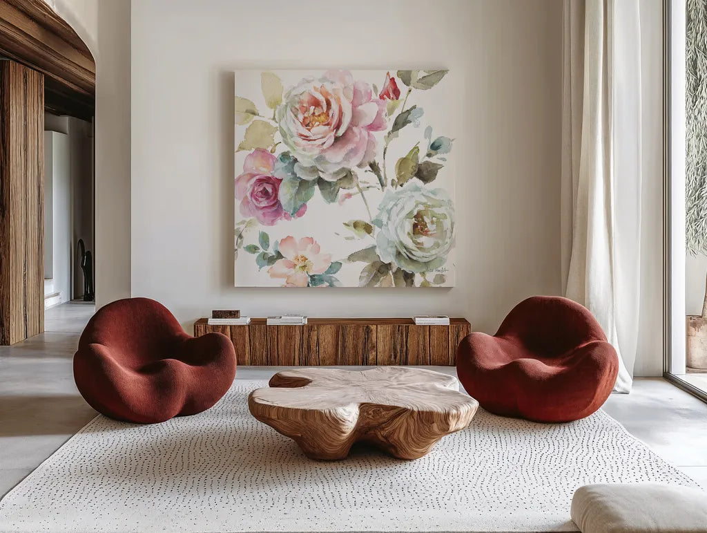 Beautiful Romance V by Lisa Audit. Shown as extra-large giant wall art in a modern living room. Available as an archival giclee rolled canvas, fine art paper, or poster print. SKU 31021a.