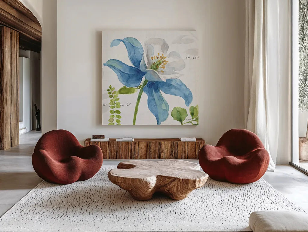 Blue and Green Garden II by Lisa Audit. Shown as extra-large giant wall art in a modern living room. Available as an archival giclee rolled canvas, fine art paper, or poster print. SKU 34776a.