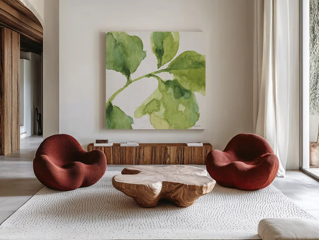 Blue and Green Garden VII by Lisa Audit. Shown as extra-large giant wall art in a modern living room. Available as an archival giclee rolled canvas, fine art paper, or poster print. SKU 34785a.