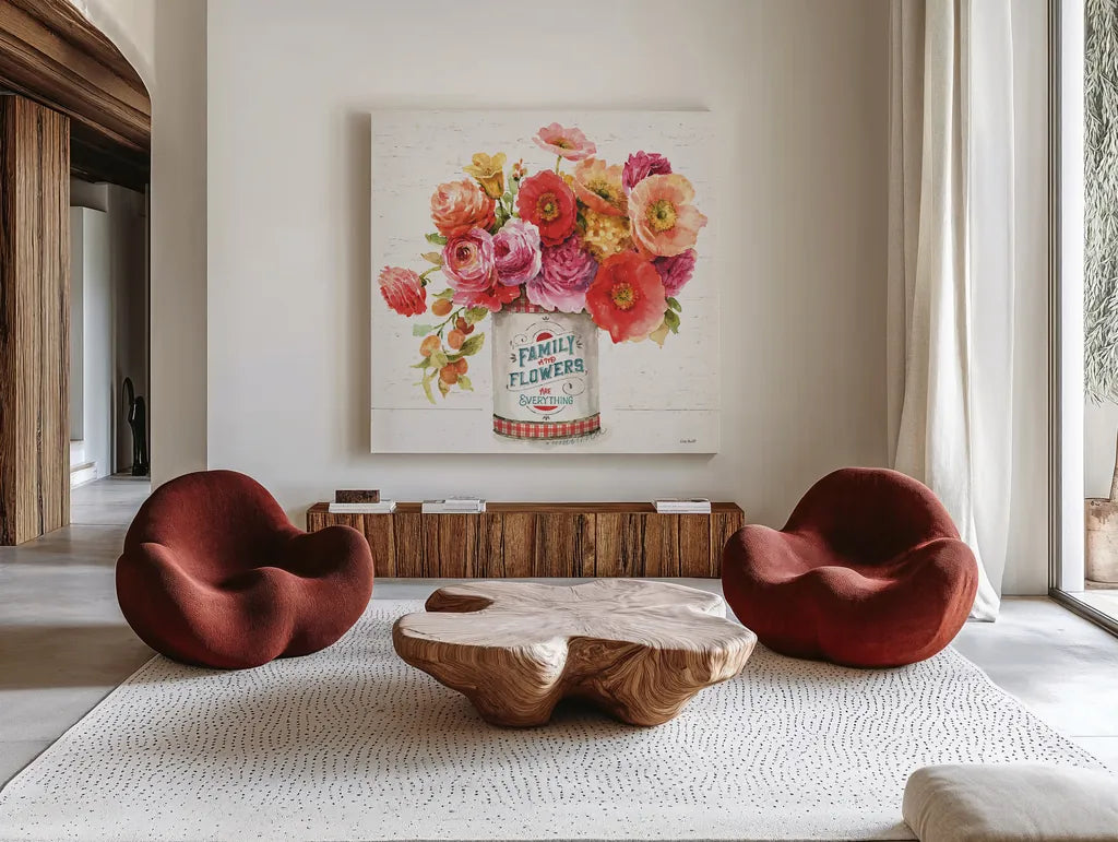 Country Fresh II by Lisa Audit. Shown as extra-large giant wall art in a modern living room. Available as an archival giclee rolled canvas, fine art paper, or poster print. SKU 42079a.