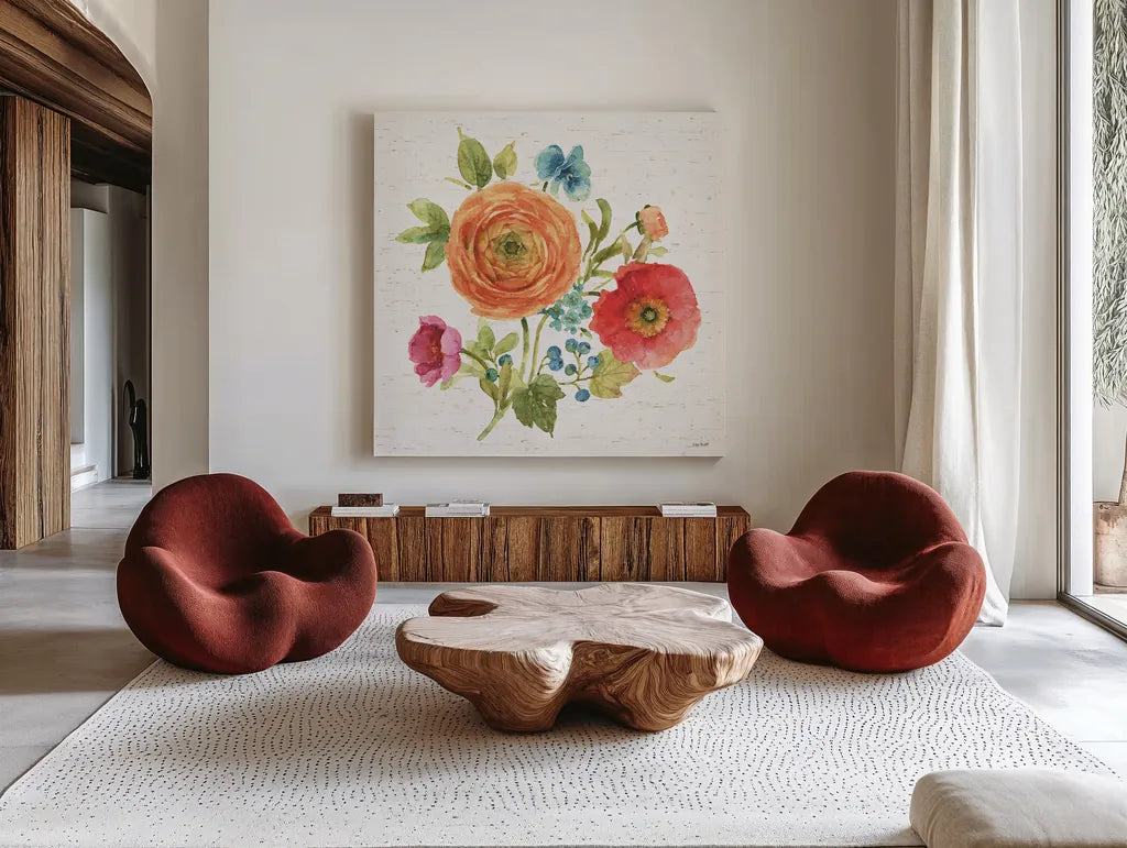Country Fresh XIV by Lisa Audit. Shown as extra-large giant wall art in a modern living room. Available as an archival giclee rolled canvas, fine art paper, or poster print. SKU 42091a.
