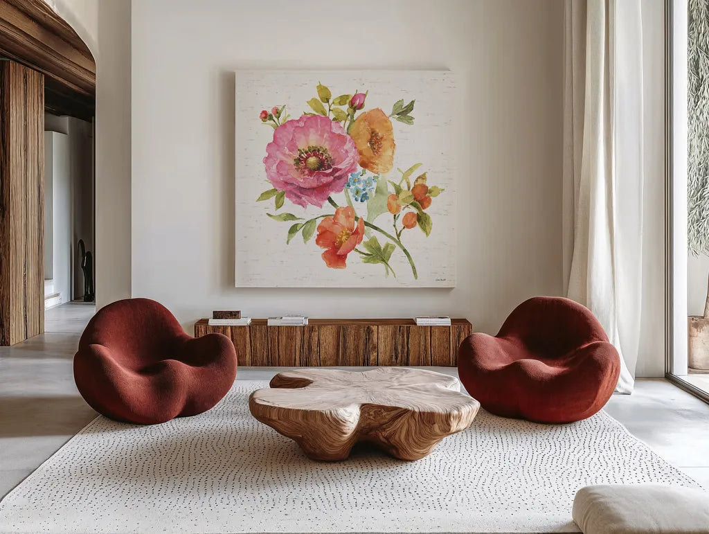Country Fresh XV by Lisa Audit. Shown as extra-large giant wall art in a modern living room. Available as an archival giclee rolled canvas, fine art paper, or poster print. SKU 42092a.