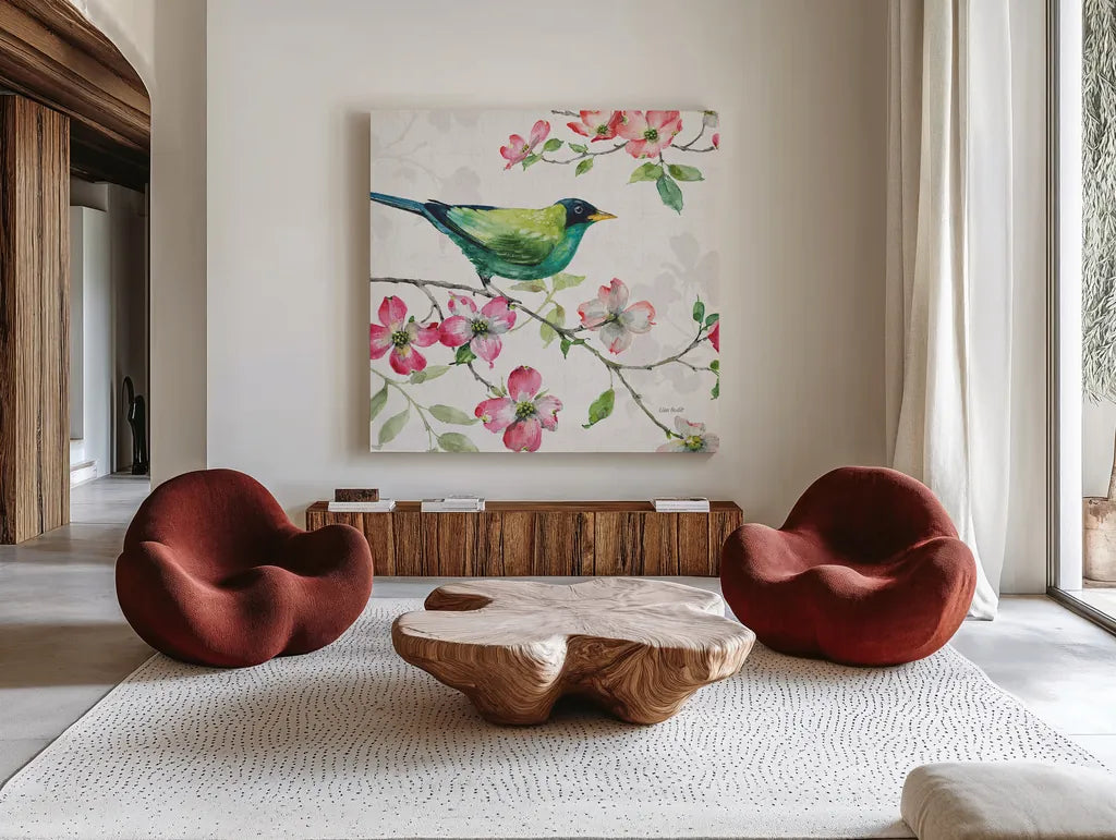 Dogwood Garden II by Lisa Audit. Shown as extra-large giant wall art in a modern living room. Available as an archival giclee rolled canvas, fine art paper, or poster print. SKU 34764a.