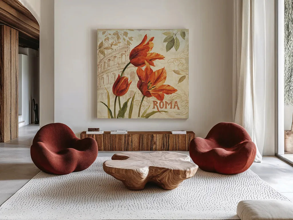 European Flowers I by Lisa Audit. Shown as extra-large giant wall art in a modern living room. Available as an archival giclee rolled canvas, fine art paper, or poster print. SKU 11699a.