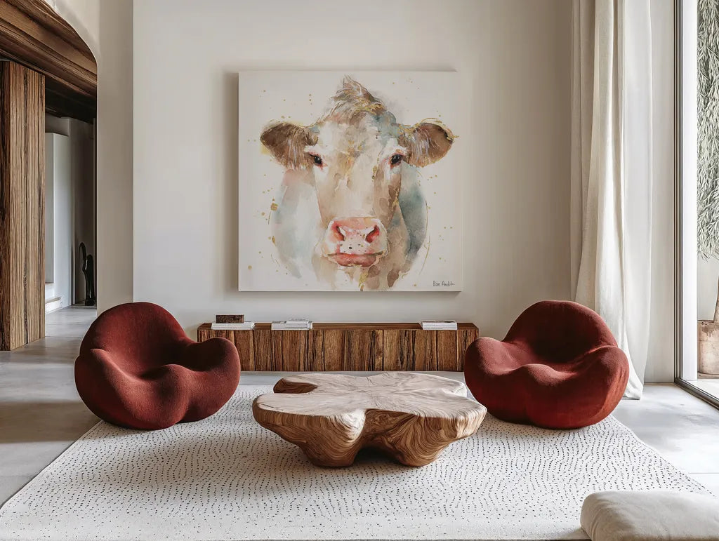 Farm Friends II by Lisa Audit. Shown as extra-large giant wall art in a modern living room. Available as an archival giclee rolled canvas, fine art paper, or poster print. SKU 26533a.
