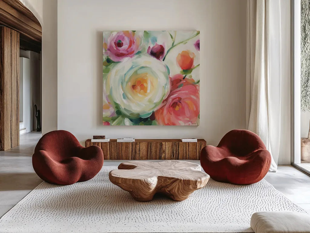 Florabundance II by Lisa Audit. Shown as extra-large giant wall art in a modern living room. Available as an archival giclee rolled canvas, fine art paper, or poster print. SKU 33489a.