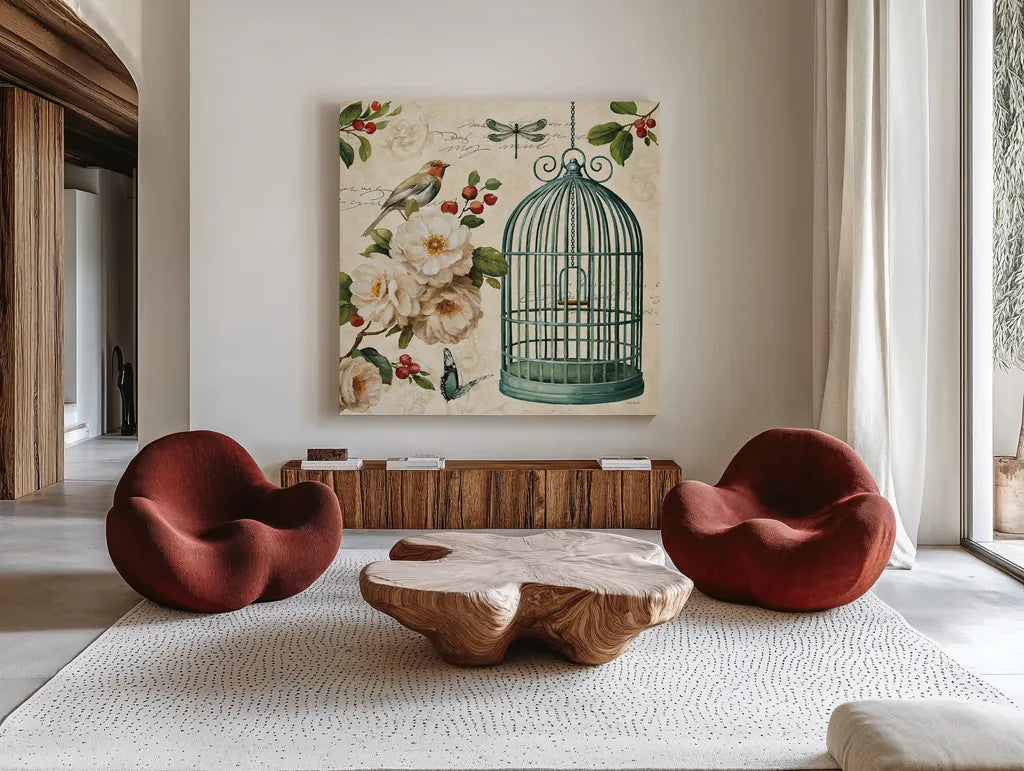 Free as a Bird I by Lisa Audit. Shown as extra-large giant wall art in a modern living room. Available as an archival giclee rolled canvas, fine art paper, or poster print. SKU 11911a.