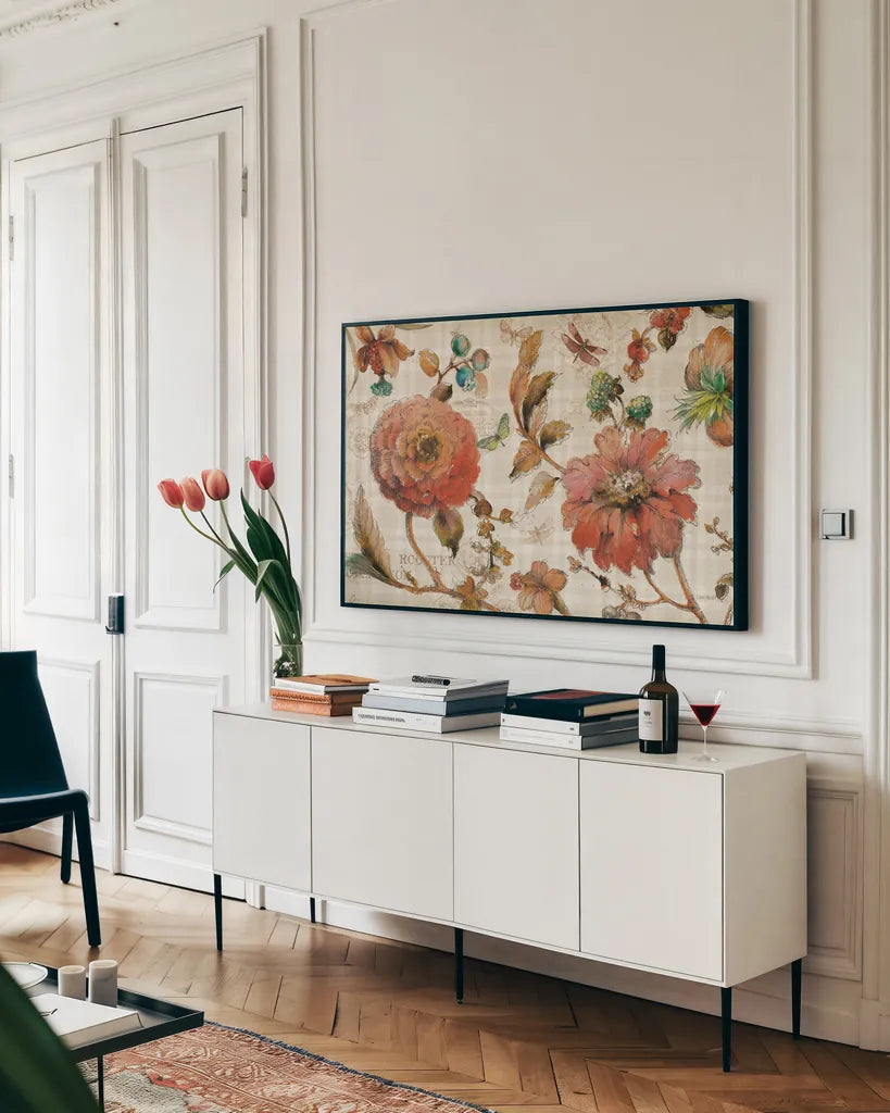 French Country VI by Lisa Audit. shown as a framed stretched canvas in a living room above a console. Available as a archival giclee rolled canvas, fine art paper, or poster print. SKU 30312i.