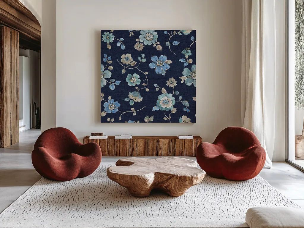 Indigold Flowers Mini trail Indigo by Lisa Audit. Shown as extra-large giant wall art in a modern living room. Available as an archival giclee rolled canvas, fine art paper, or poster print. SKU 33663a.