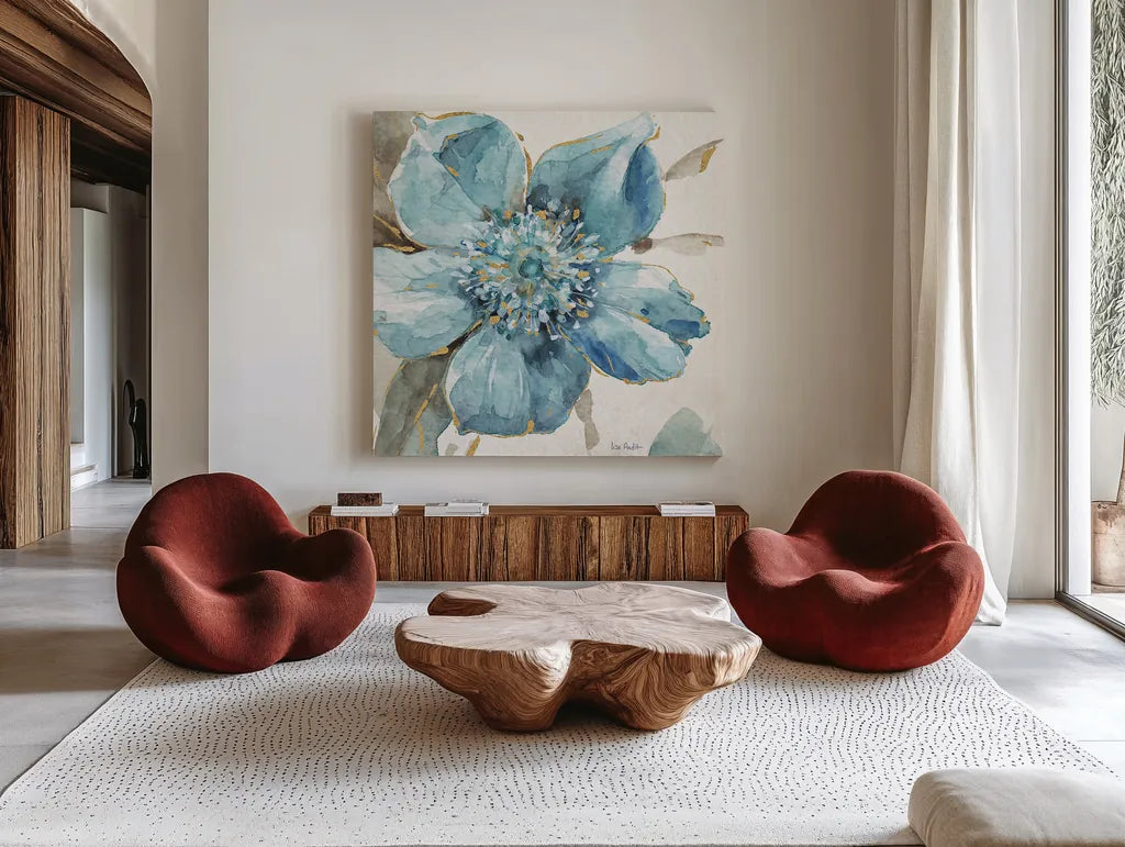 Indigold VI by Lisa Audit. Shown as extra-large giant wall art in a modern living room. Available as an archival giclee rolled canvas, fine art paper, or poster print. SKU 24201a.