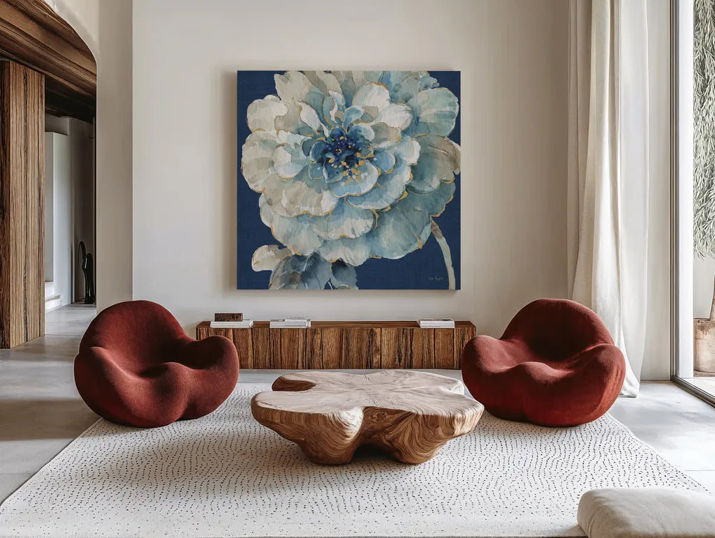 Indigold VII Navy by Lisa Audit. Shown as extra-large giant wall art in a modern living room. Available as an archival giclee rolled canvas, fine art paper, or poster print. SKU 45746a.