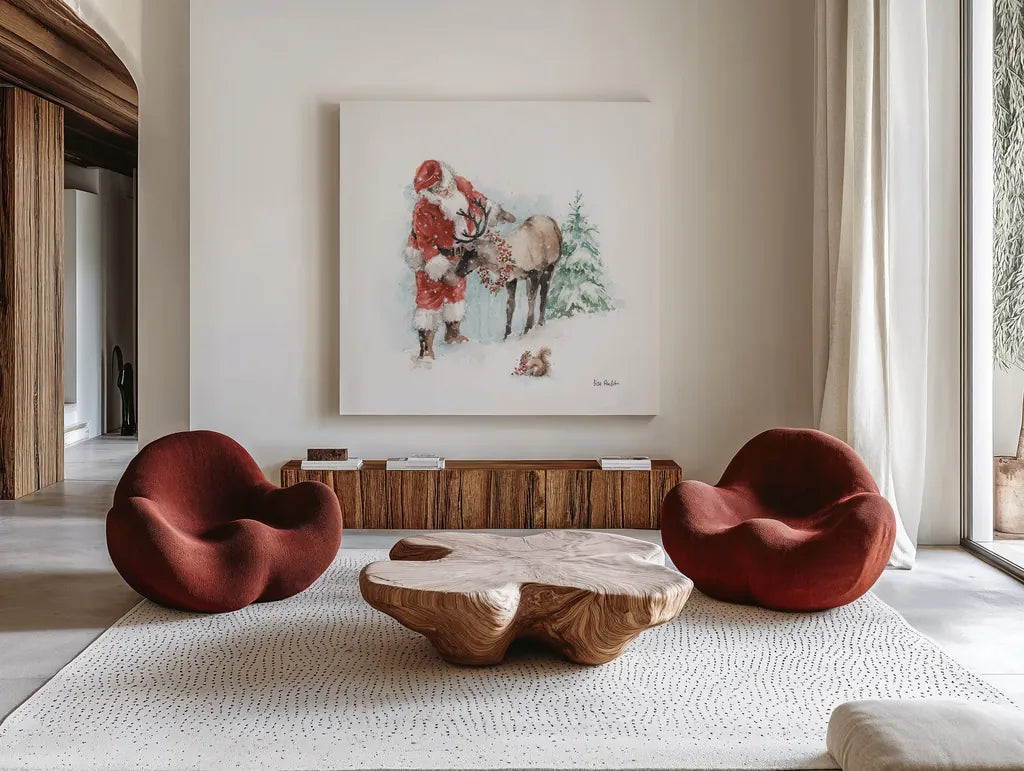 Magical Holidays III by Lisa Audit. Shown as extra-large giant wall art in a modern living room. Available as an archival giclee rolled canvas, fine art paper, or poster print. SKU 54763a.