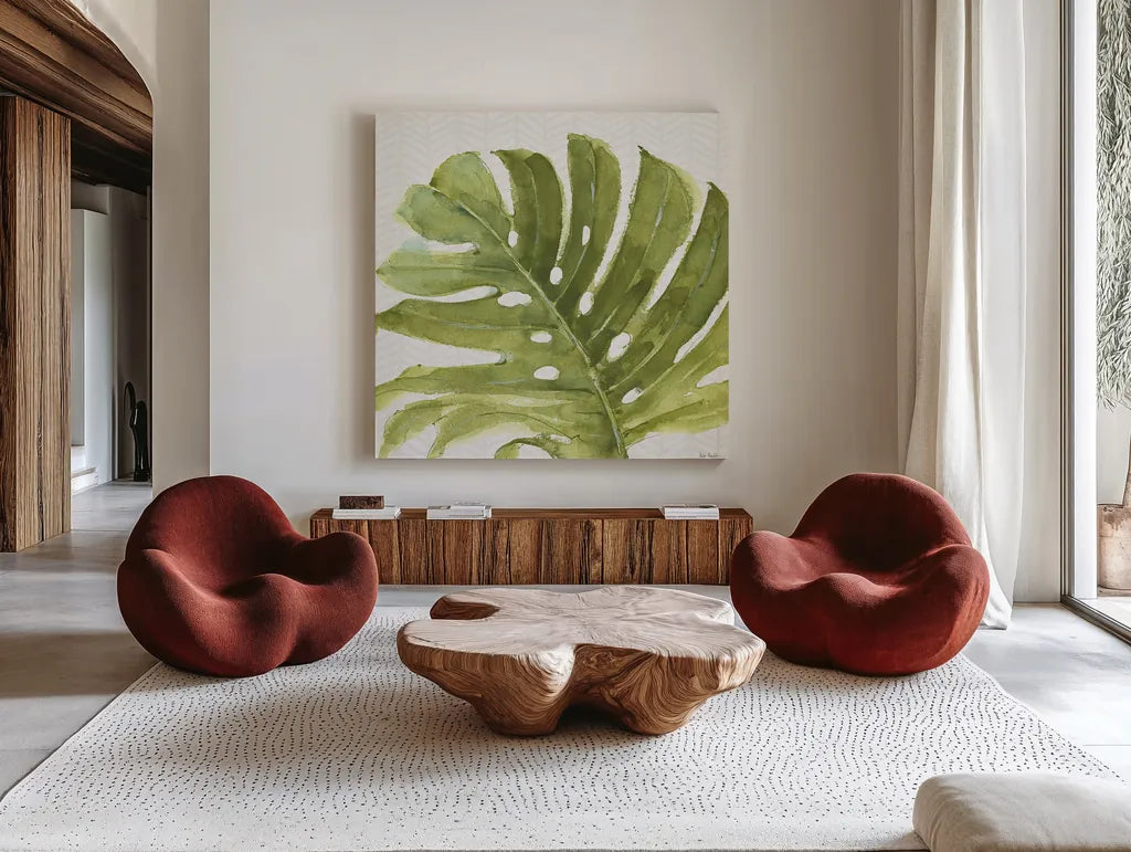 Mixed Greens LXXI by Lisa Audit. Shown as extra-large giant wall art in a modern living room. Available as an archival giclee rolled canvas, fine art paper, or poster print. SKU 36547a.