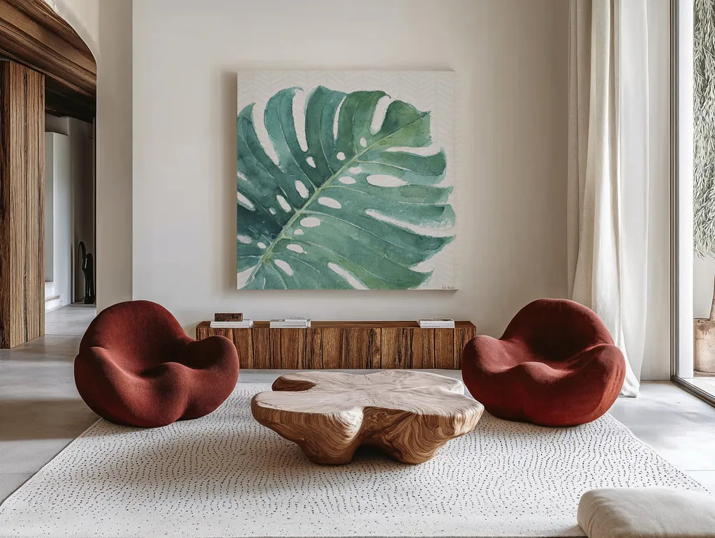 Mixed Greens LXXIII by Lisa Audit. Shown as extra-large giant wall art in a modern living room. Available as an archival giclee rolled canvas, fine art paper, or poster print. SKU 36549a.