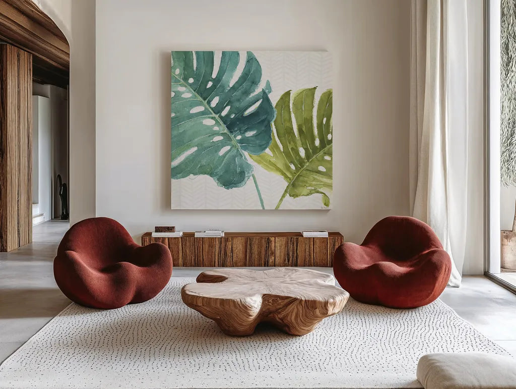 Mixed Greens LXXV by Lisa Audit. Shown as extra-large giant wall art in a modern living room. Available as an archival giclee rolled canvas, fine art paper, or poster print. SKU 36551a.