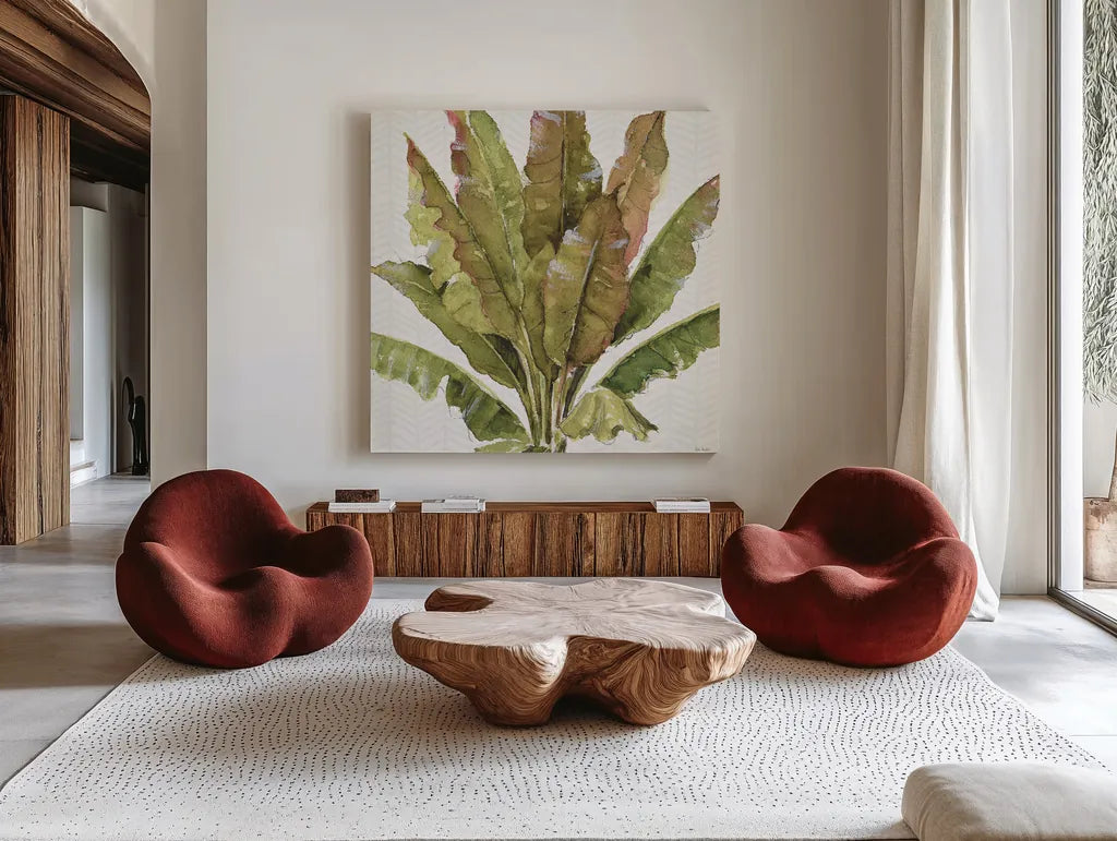 Mixed Greens VII by Lisa Audit. Shown as extra-large giant wall art in a modern living room. Available as an archival giclee rolled canvas, fine art paper, or poster print. SKU 36465a.