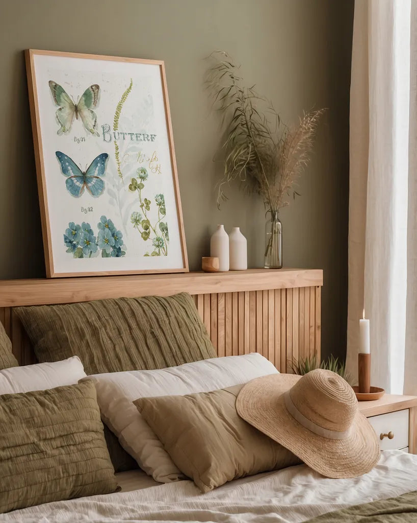 My Greenhouse Botanical Butterfly by Lisa Audit. shown as a paper print in a natural frame. Available as a archival giclee rolled canvas, fine art paper, or poster print. SKU 63182h.