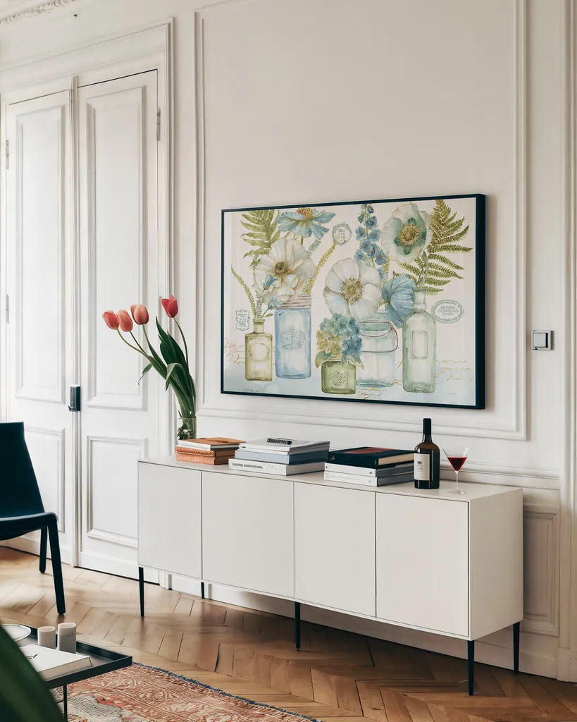 My Greenhouse Bouquet I by Lisa Audit. shown as a framed stretched canvas in a living room above a console. Available as a archival giclee rolled canvas, fine art paper, or poster print. SKU 23442i.
